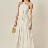 Crochet Flower Trim Halter Maxi Dress