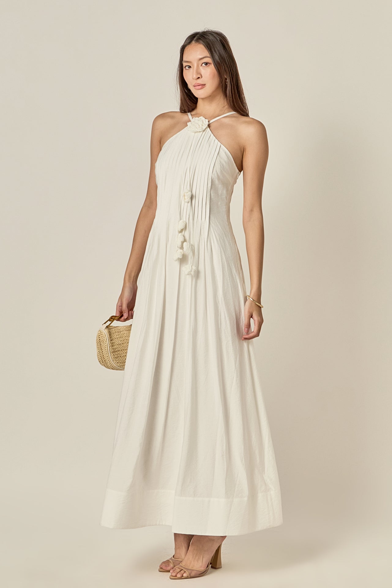 Crochet Flower Trim Halter Maxi Dress English Factory Crochet Flower Trim Halter Maxi Dress English Factory