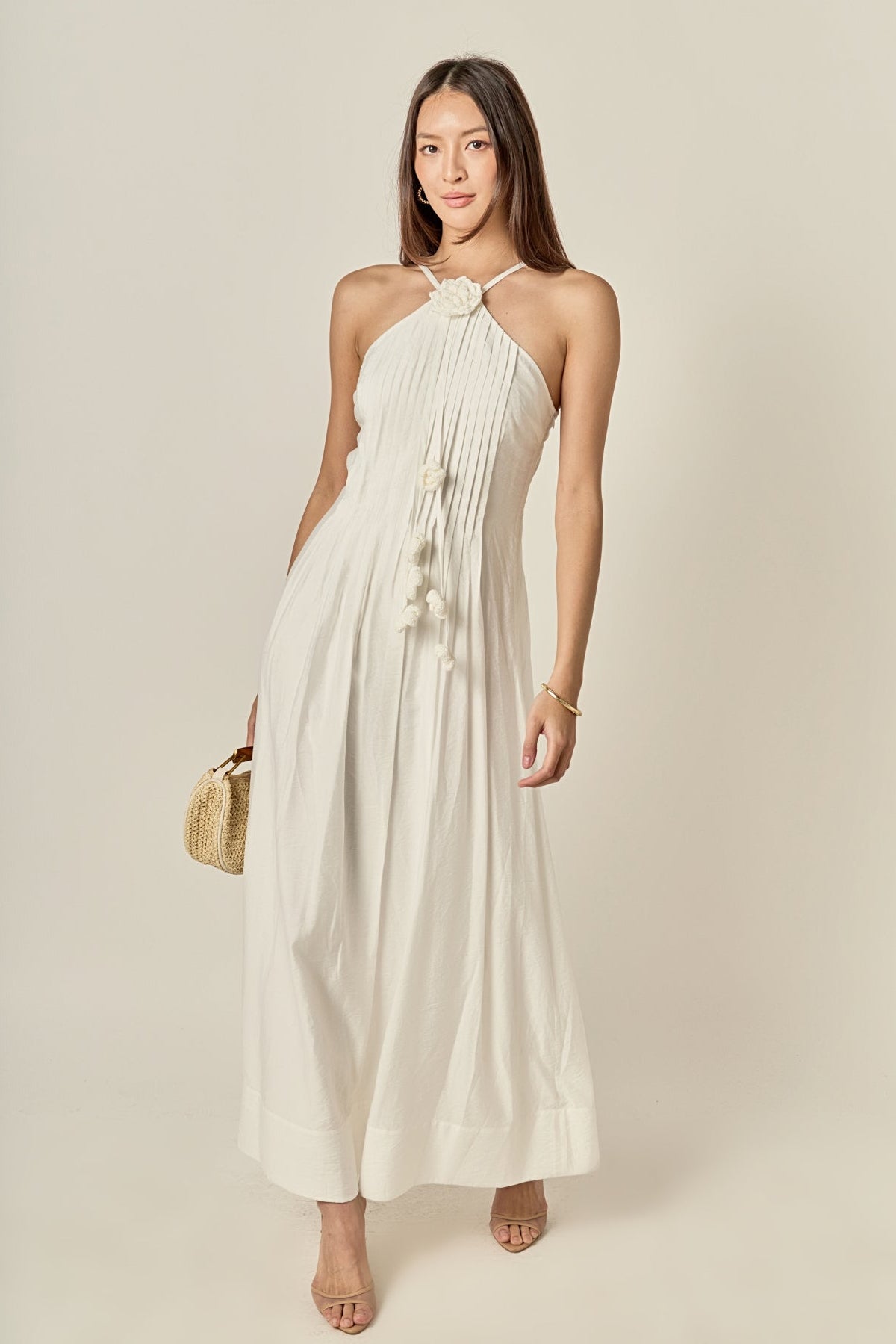 Crochet Flower Trim Halter Maxi Dress – English Factory