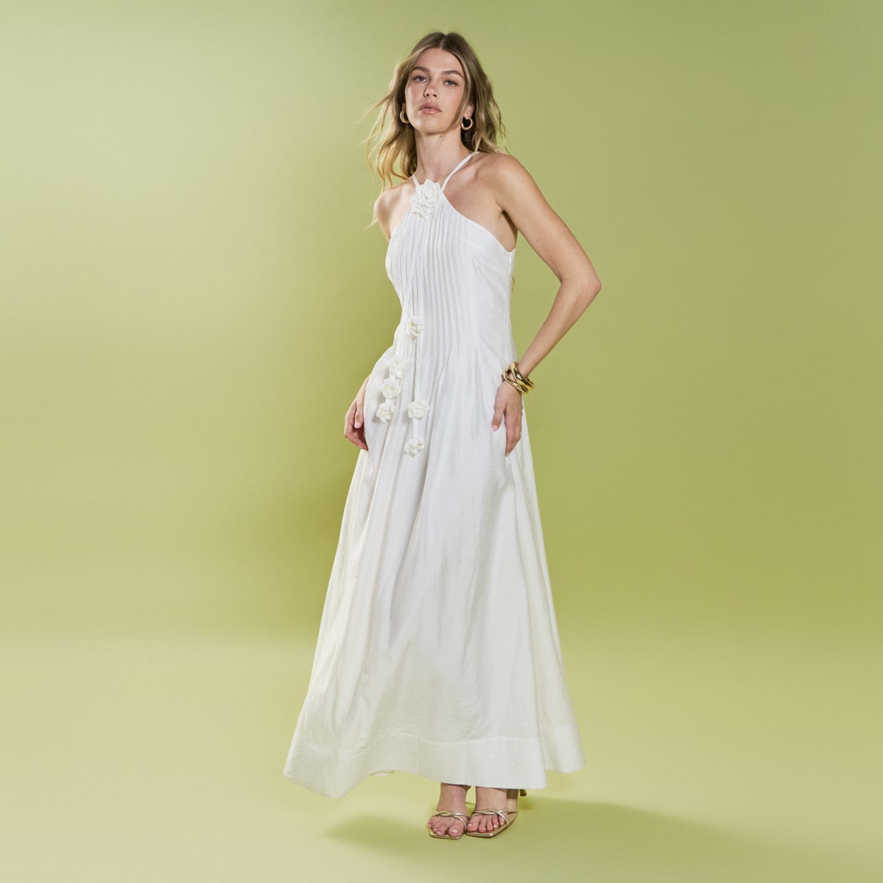 Crochet Flower Trim Halter Maxi Dress