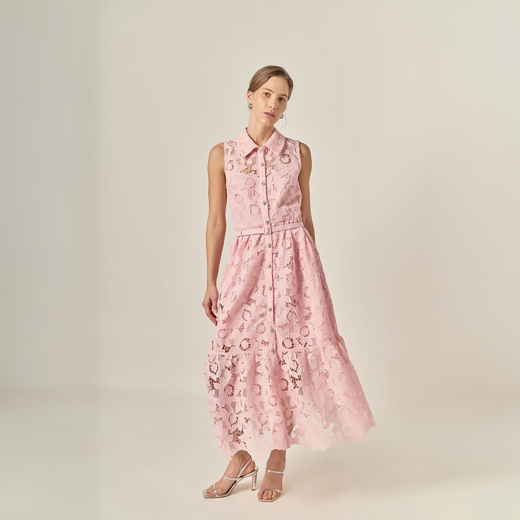 Lace Button-Front Sleeveless Midi Dress