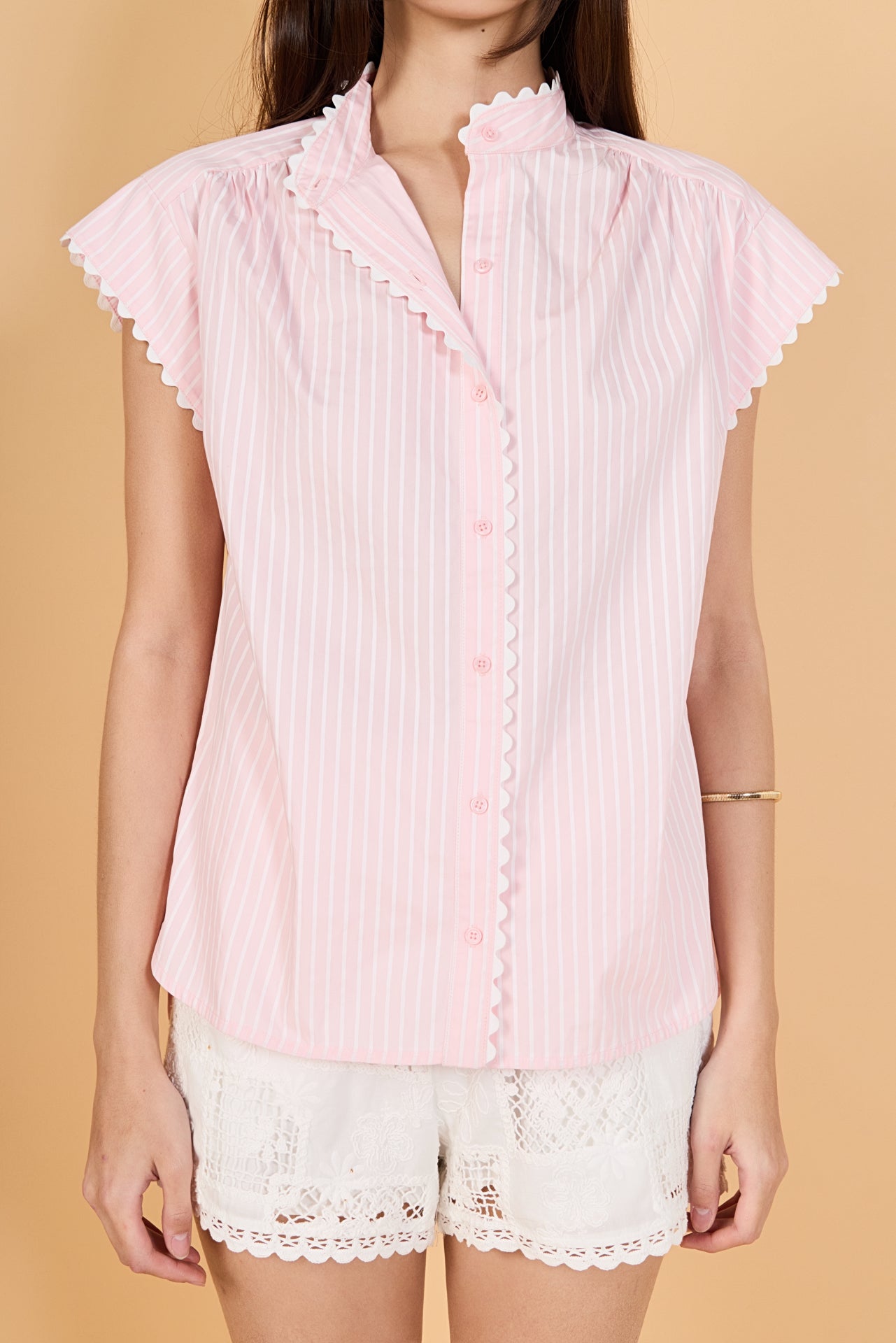 Striped Ric Rac Flutter Sleeve Top – English Factory