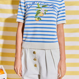 Striped Lemon Embroidered Short Sleeve Sweater