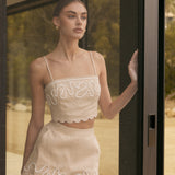 Embroidered Scalloped Linen Crop Top