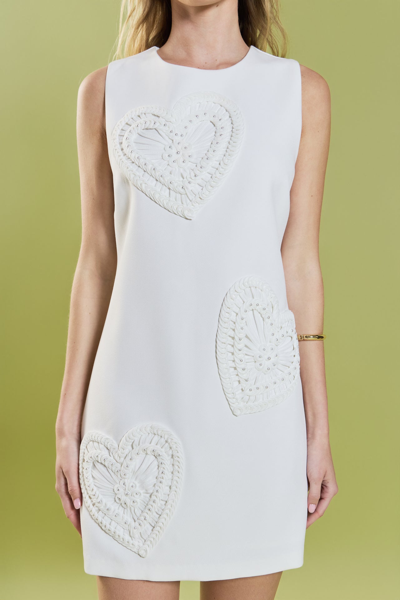 English Factory - Pearl Heart Embellished Mini Shift Dress White / XS English Factory - Pearl Heart Embellished Mini Shift Dress White / XS