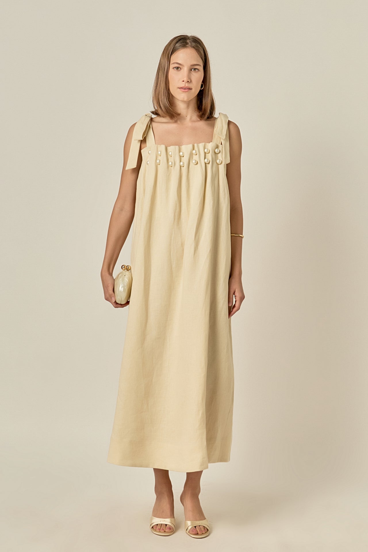 Pearl Tie Strap Linen Midi Dress – English Factory