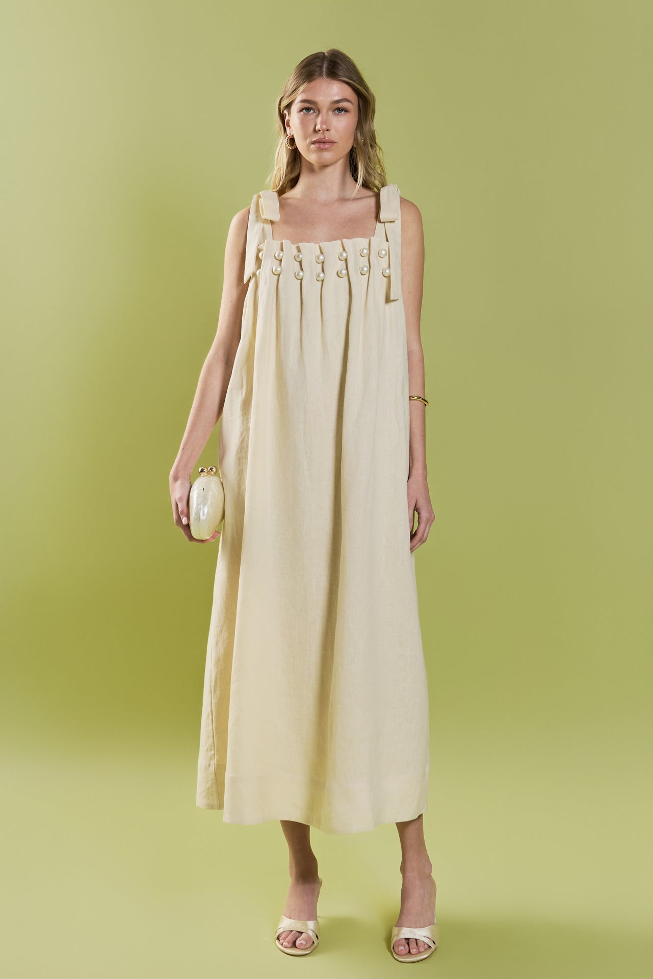 English Factory - Pearl Tie Strap Linen Midi Dress Natural / L English Factory - Pearl Tie Strap Linen Midi Dress Natural / L
