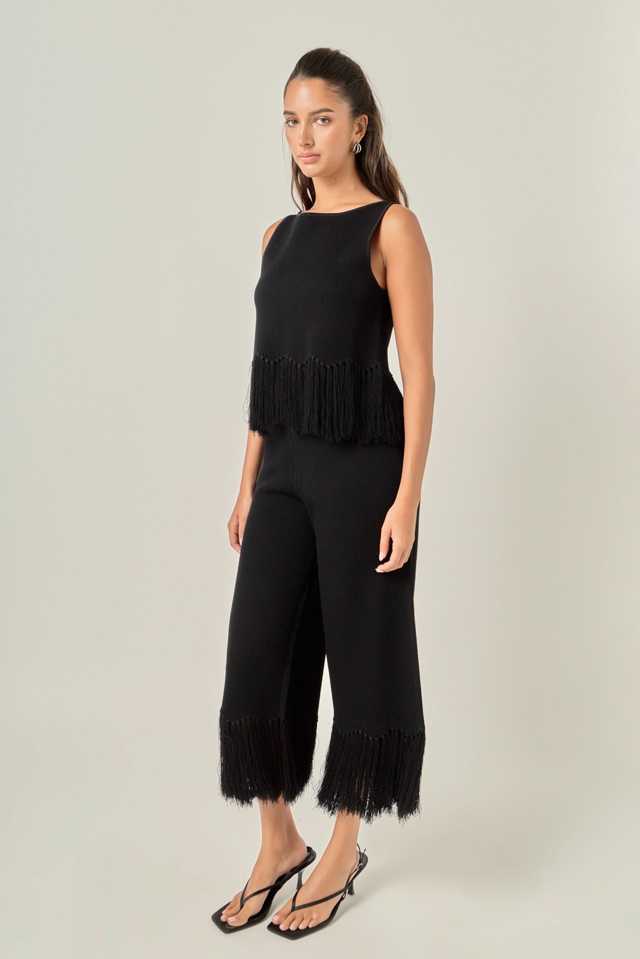 Fringe Detail Knit Wide Leg Pants