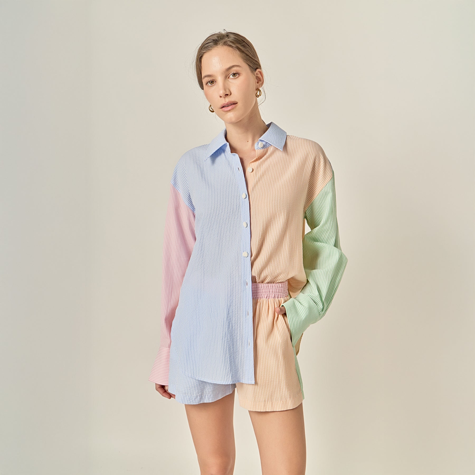 Colorblock Seersucker Button-Down Shirt