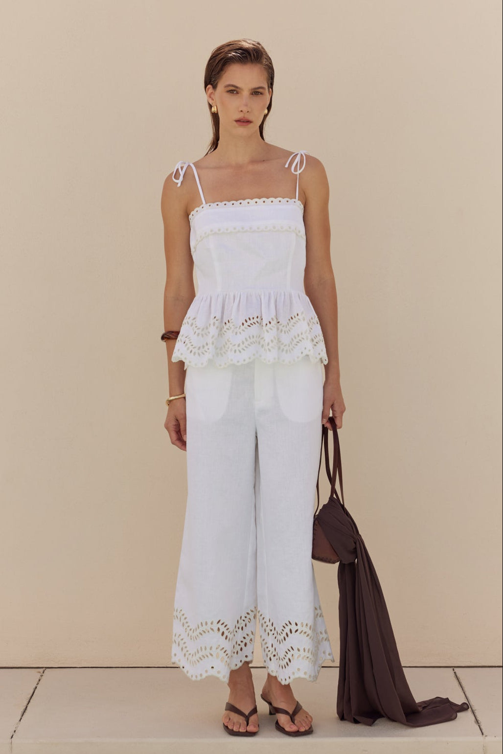 Eyelet Trim Linen Wide-Leg Pants – English Factory