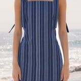 Denim Stripe Bow Shoulder Mini Dress