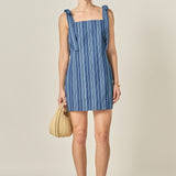 Denim Stripe Bow Shoulder Mini Dress