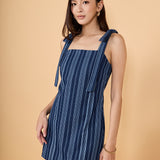 Denim Stripe Bow Shoulder Mini Dress
