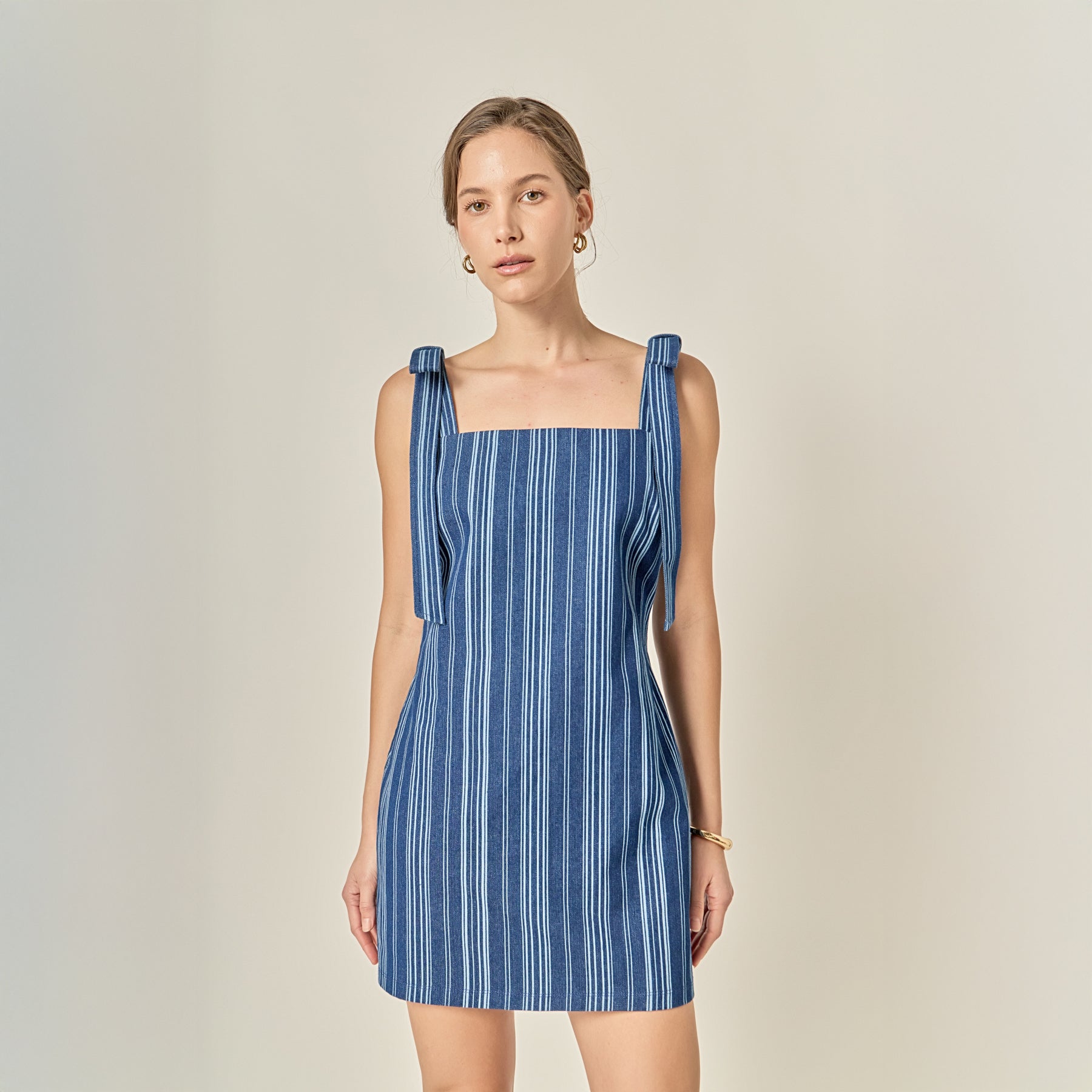 Denim Stripe Bow Shoulder Mini Dress