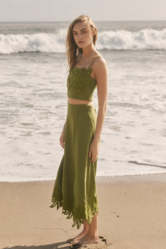 Tropical Palm Linen Midi Skirt