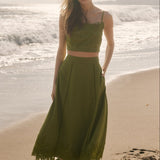 Tropical Palm Linen Midi Skirt