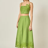 Tropical Palm Linen Midi Skirt