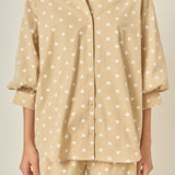 Heart Print Pinstripe Volume Sleeve Shirt