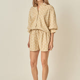 Heart Print Pinstripe Volume Sleeve Shirt