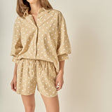 Heart Print Pinstripe Volume Sleeve Shirt
