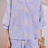 Striped Embroidery Detail Volume Sleeve Shirt