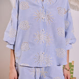 Striped Embroidery Detail Volume Sleeve Shirt