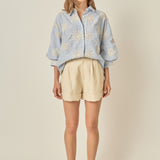 Striped Embroidery Detail Volume Sleeve Shirt