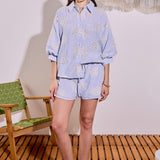Striped Embroidery Detail Volume Sleeve Shirt