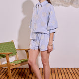 Striped Embroidery Detail Volume Sleeve Shirt