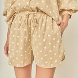 Heart Print Pinstripe Drawstring Shorts