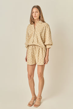 Heart Print Pinstripe Drawstring Shorts