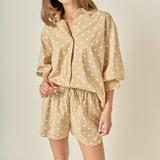 Heart Print Pinstripe Drawstring Shorts