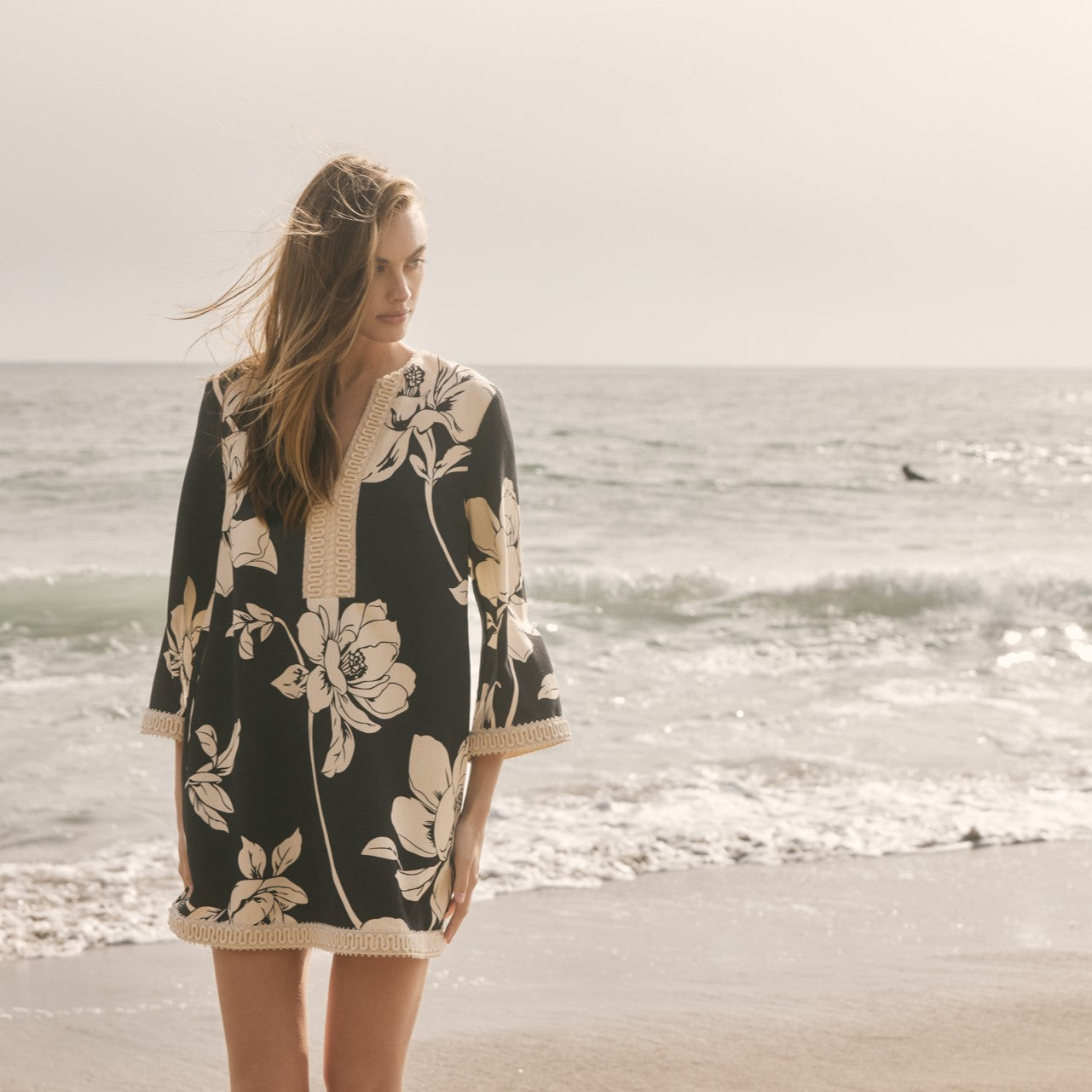 Noir Blossom Linen Mini Dress