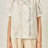Eyelet Embroidered Ruffle Short Sleeve Shirt