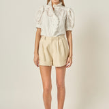 Eyelet Embroidered Ruffle Short Sleeve Shirt