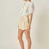 Eyelet Embroidered Ruffle Short Sleeve Shirt