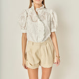 Eyelet Embroidered Ruffle Short Sleeve Shirt