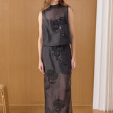 Floral Beaded Sheer Midi Skirt