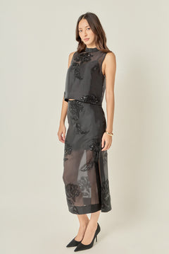 Floral Beaded Sheer Midi Skirt