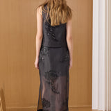 Sheer Beaded Mock Neck Sleeveless Top