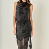 Floral Beaded Sheer Midi Skirt