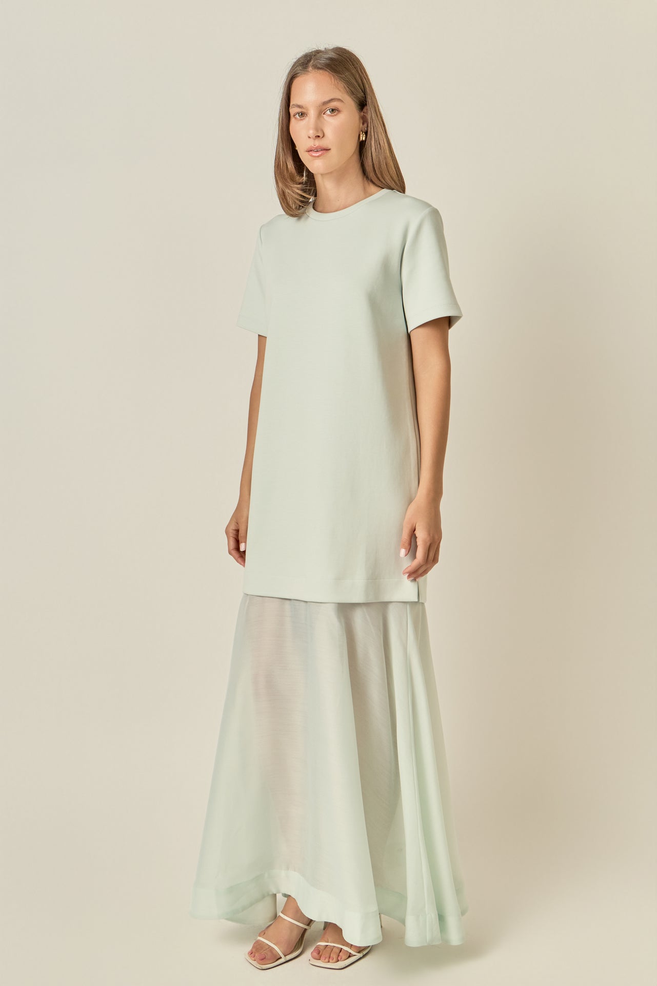 English Factory - Sheer Hem Mixed Media Maxi Dress MINT / S English Factory - Sheer Hem Mixed Media Maxi Dress MINT / S