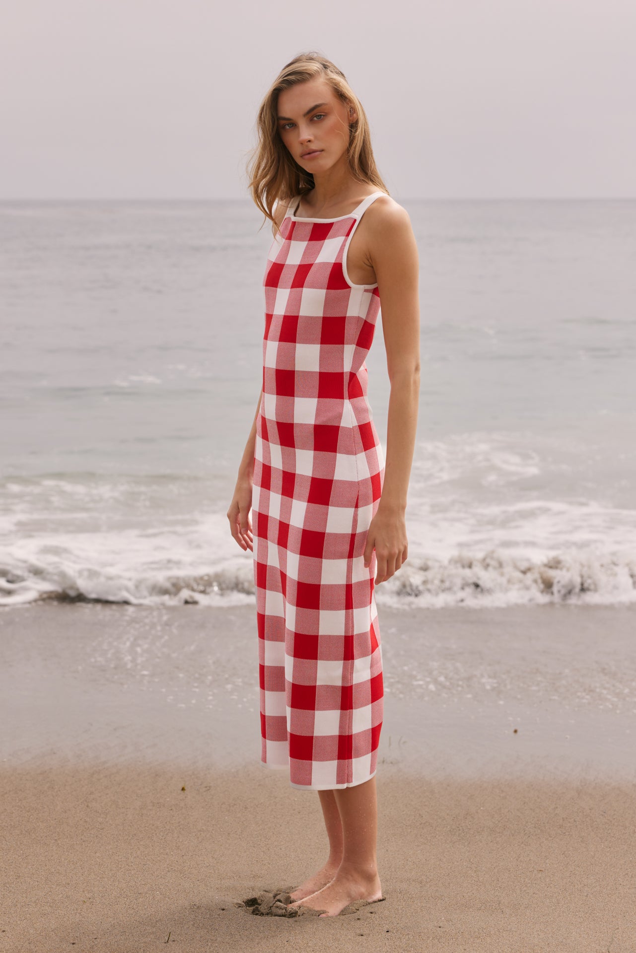 red gingham midi dress Knitted Gingham Sleeveless Midi Dress – English Factory