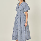 Embroidered Gingham Shirt Midi Dress