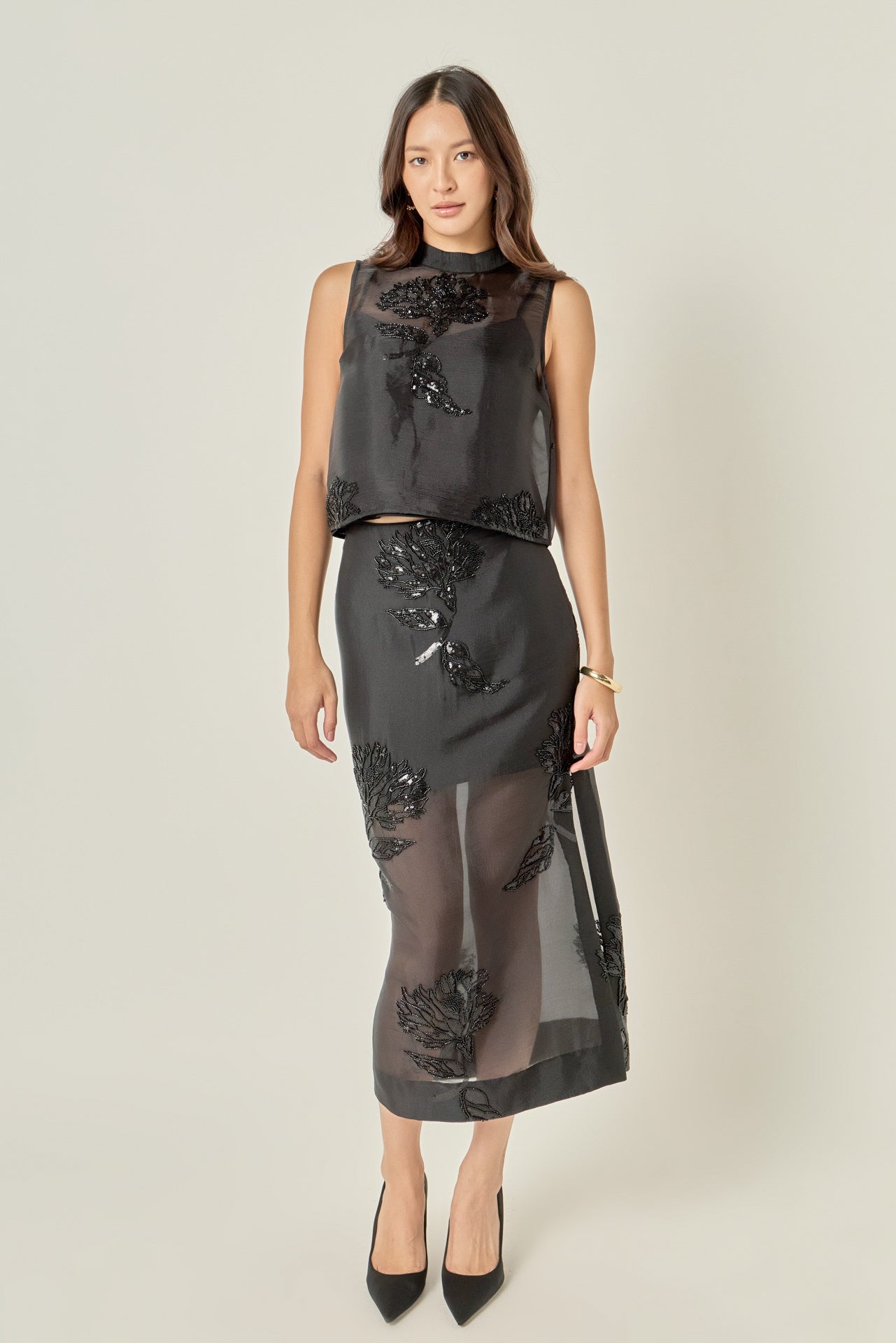 Sheer Beaded Mock Neck Sleeveless Top – English Factory