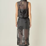 Sheer Beaded Mock Neck Sleeveless Top