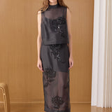 Sheer Beaded Mock Neck Sleeveless Top