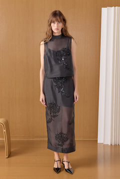 Sheer Beaded Mock Neck Sleeveless Top