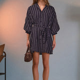 Striped Tie Waist Shirt Dress