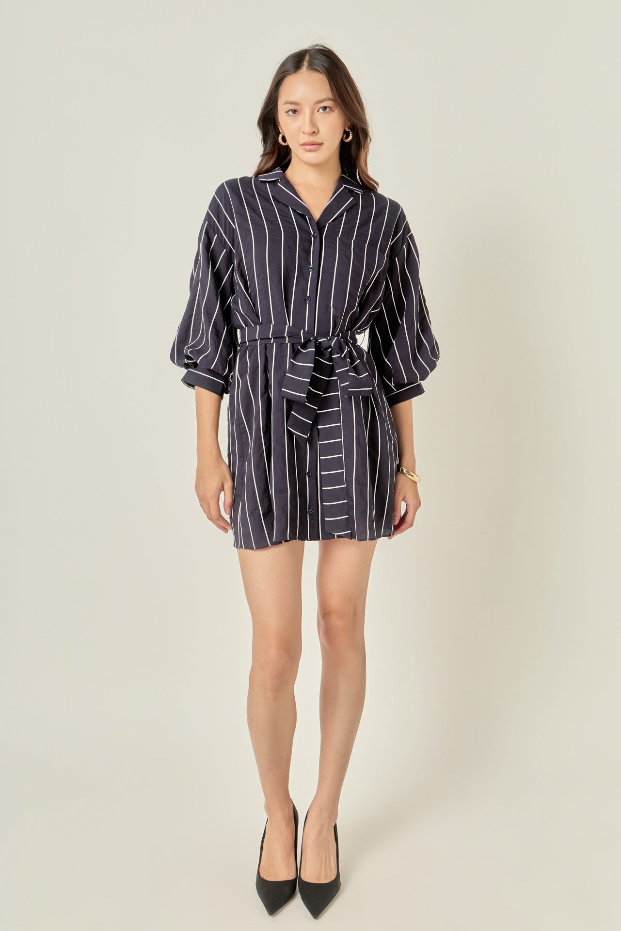 Striped Tie Waist Shirt Dress